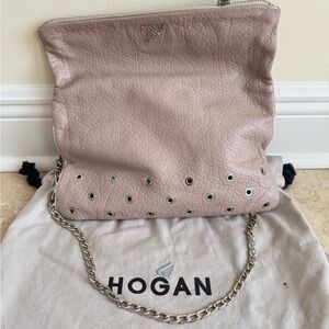 Hogan Women's Clutch Bag - Pink Leather w/Silver Details & Crossbody Chain Strap
